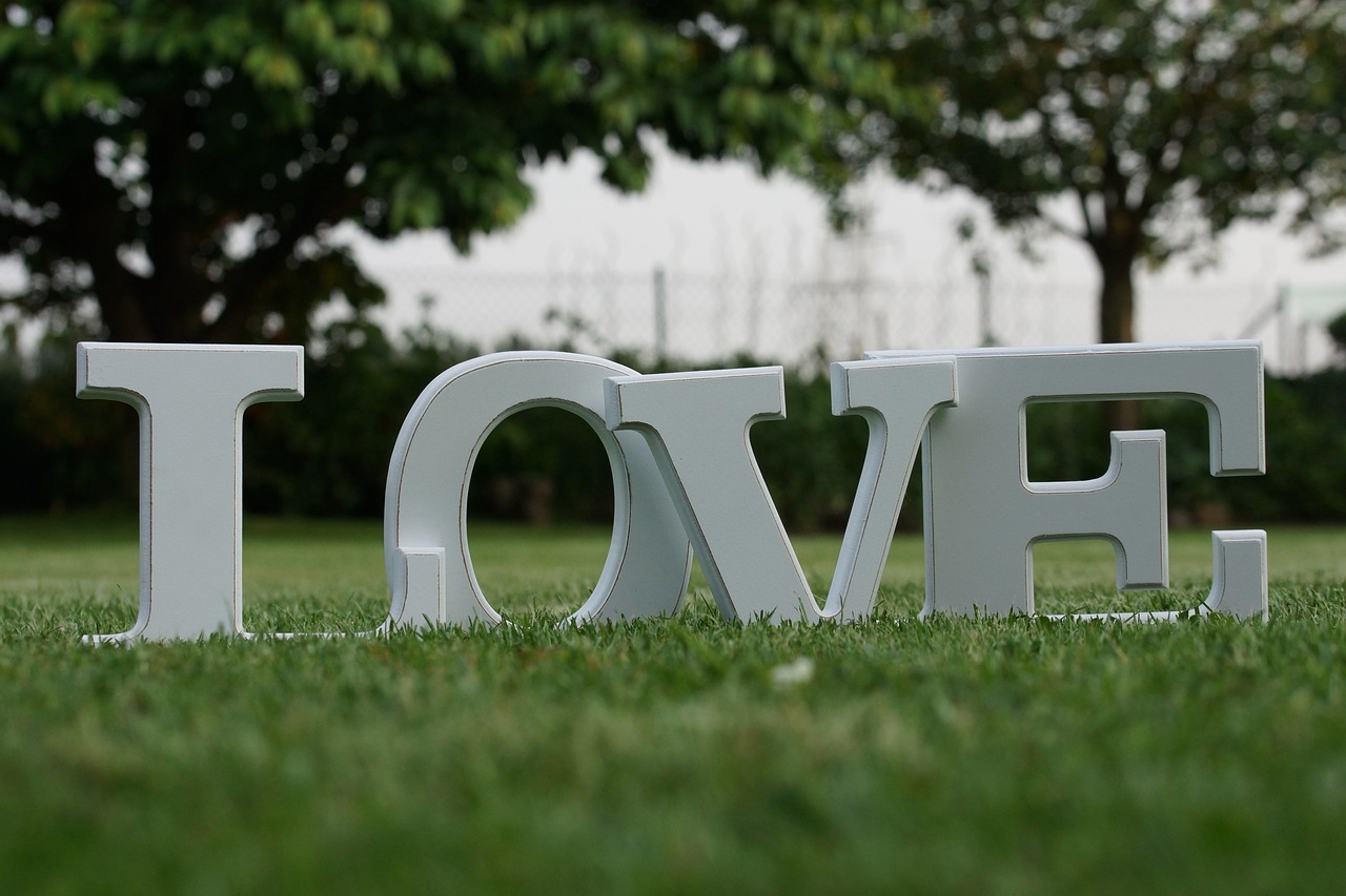 Love Letters - The word 'love' spelled out in letters sitting upright on green grass